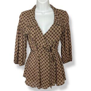 Didi Wrap Blouse Floral Print Ruffle Size Small Women Top Brown Green Purple Mod